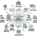 Infographic showing digital marketing channels: SEO, social media, email, paid ads, content marketing, influencer marketing”