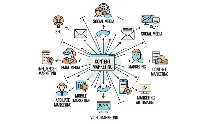 Infographic showing digital marketing channels: SEO, social media, email, paid ads, content marketing, influencer marketing”