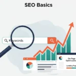 Illustration showing SEO basics with a search bar, keywords, an upward ranking graph, and on-page optimization elements, explaining how to rank on search engines." or "Visual guide to SEO basics for search engine ranking.