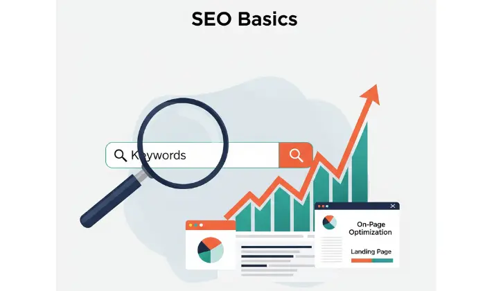 Illustration showing SEO basics with a search bar, keywords, an upward ranking graph, and on-page optimization elements, explaining how to rank on search engines." or "Visual guide to SEO basics for search engine ranking.